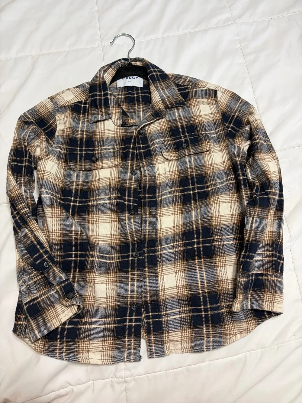 Old Navy Navy, Cream & Brown Plaid Flannel Shirt